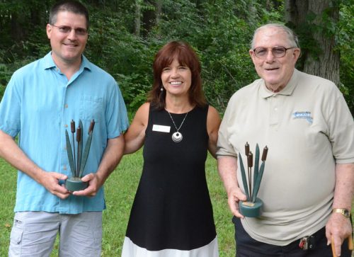 Rob DeBecd, left, and Jerry Riffle, right, are recipients of the 2016 WACF Cattail Award. WACF Chair Joan Szynal is shown in the center. (Photos by Deb Patterson)