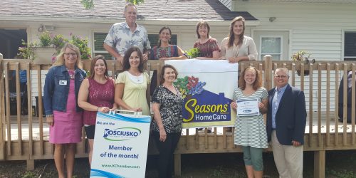 Pictured front L to R: Nancy Wellman, Caregiver; Allison Cook, Trainer; Karen Kauffman, Communityy Liaison; Lynn Kelley, CareHome Manager; Katie Etter, Caregiver; Rob Parker, CEO, Chamber of Commerce. Back Row L to R: Curt Hermann, Ownerr/ Adminstrator of Seasons HomeCare; Sarah Marsh, Caregiver; Jenni Miller, Financial Assistant; Rachel Miller, Office Manager.