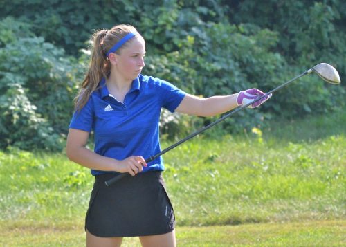 Claire Reiff gets set up for her drive on No. 6 at South Shore during Wednesday's meet with Wawasee and West Noble. (Photos by Nick Goralczyk)