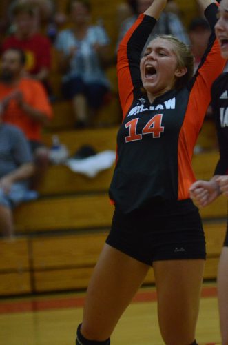 Stellar sophomore setter Kacy Bragg had plenty to celebrate Tuesday night. Bragg helped Warsaw to a huge 3-1 win at Elkhart Memorial in their NLC opener.