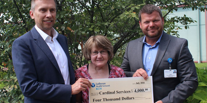 Pictured from left are Cardinal Services CEO Randy Hall, Sandy Hunter and KCH CEO Kirk Ray. (Photo provided)
