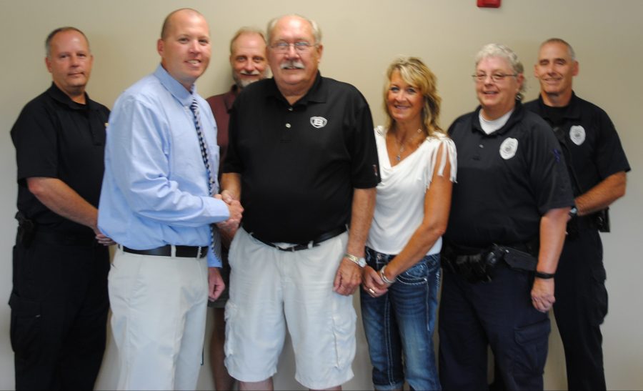 North Webster Town Council met the newest member of the North Webster Police Department, Dan Buell, at the Tuesday, Aug. 16, meeting. In front, from left, are Buell, Town Council President Jon Sroufe, Town Council Member Lisa Strombeck and Officer Candace Smythe. In back are Police Chief Greg Church, Town Council Member David Waliczek and Officer Dave May.