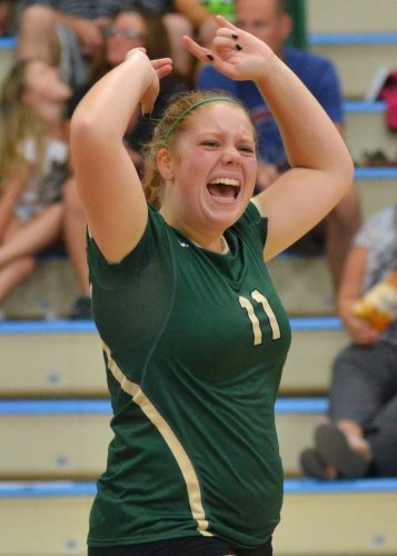 Taylor Mock celebrates a point during Monday's win over Lakeland. (Photos by Nick Goralczyk)