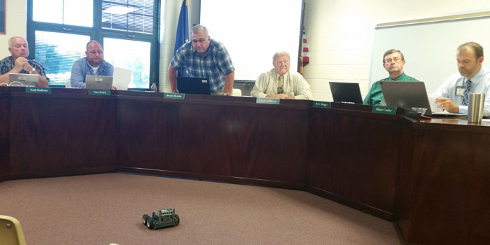 Members of the Tippecanoe Valley School Board watch a brief robotics demonstration. Pictured from left are Todd Hoffman, Tom Craft, Bryan Murphy, Dave O’Brien, Brett Boggs and Blaine Conley. (Photos by Amanda McFarland)