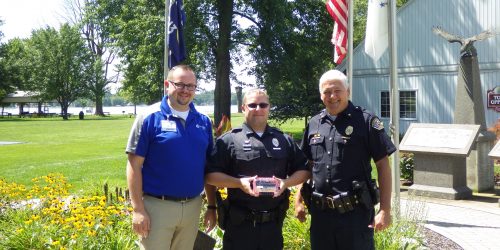 Photo Left to Right: Scott Sigerfoos, EMS Director Lutheran EMS, Officer Ryan Reed and Joe Hawn Chief of Police.