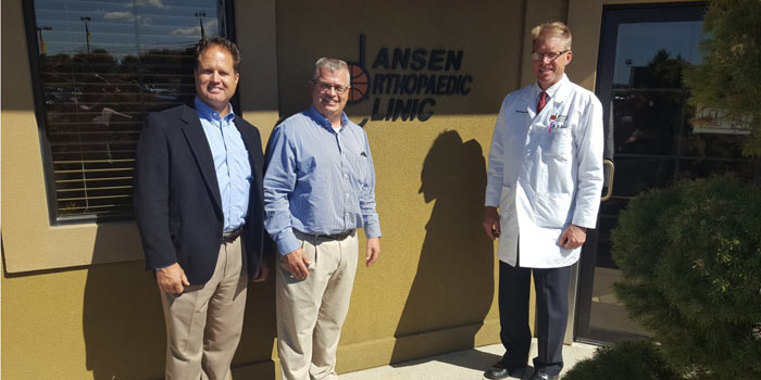 In picture from left to right front row: Doug Hanes, First Federal Savings Bank, Kosciusko Chamber Ambassador; Rob Parker, President & CEO, Kosciusko Chamber of Commerce; and Doctor Dean Jansen, Jansen Orthopaedic Clinic.