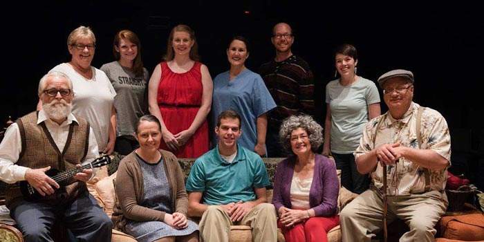 From left to right, back row: director Jennifer Mitchell Shepherd, stage manager Kayley Herbruck, Rebecca Crim-Katelynn, Staci Skiles Schaum-Katelynn, Jason D. Dugger at light board, assistant director Madisson Heinl. Front row: Gerald Cox as Frank, Melissa Jordan as Aida, Eric Totheroh as Nick, Lin Powell Metzger as Emma, and Curt Clevenger as Nuncio.