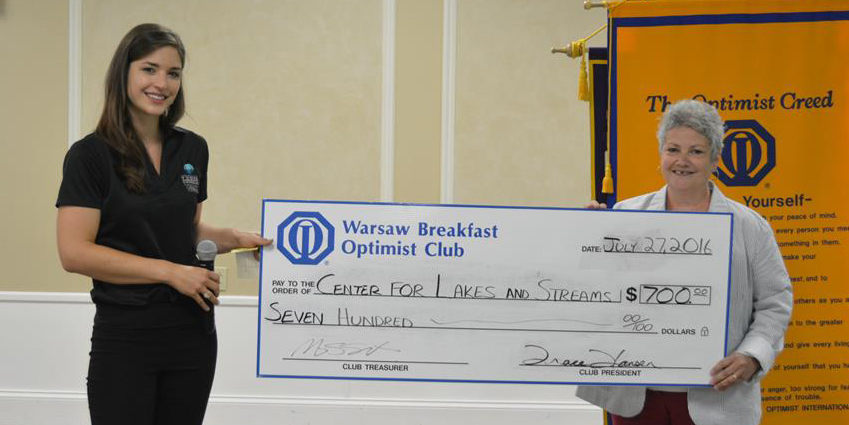 Pictured in the photo from left to right are Caitlin Yoder, representing The Center for Lakes & Streams, and Trina Hoy representing The Warsaw Breakfast Optimist Club. 