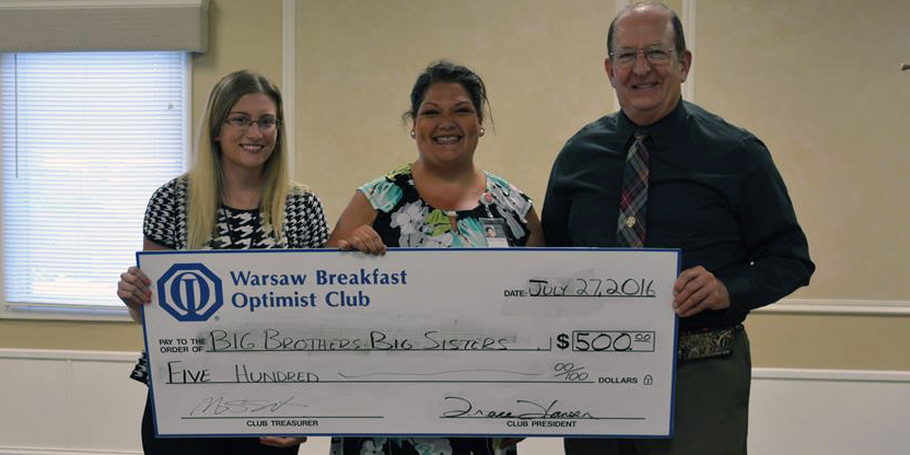 Pictured in the photo from left to right are Kate O'Connor and Shelly Schwab, representing Big Brothers Big Sister, and John Sullivan, representing The Warsaw Breakfast Optimist Club. 