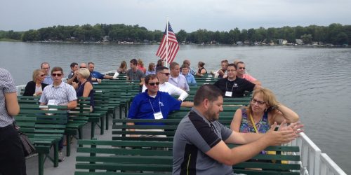 KLA cadets aboard the Dixie for a lunch cruise and tour of Lake Webster. Foreground: Jonathan Slocum, SYM Financial Advisors, and Danette Till, Manchester University.