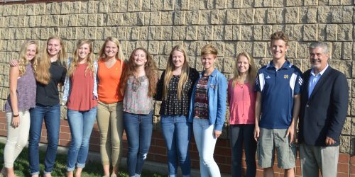 Just a handful of 2016-2017 selected KYLA members. Pictured, left to right: Emma Ross (Triton), Sarah Bingham (Lakeland Christian Academy), Hannah Wanemacher (Triton), Kolbie Mason (Triton), Rozlyn Bishop (Whitko), Hanna Haines (At Large member, Wawasee), Jacqueline Werstler (Whitko), Baylee Wiley (Lakeland Christian Academy), Jared Mikel (At Large member, Tippecanoe Valley), and Tony Ciriello (KYLA Moderator).