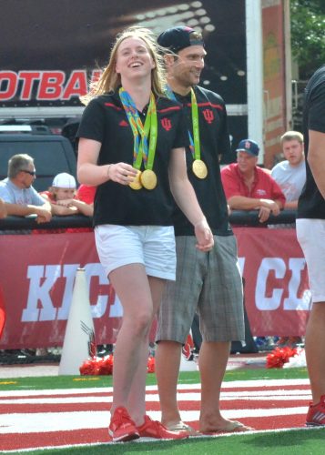 After the first quarter of Saturday's game, Indiana recognized all of its Olympians from the 2016 Rio Olympics. Among those present were gold medalists Lilly King (left) and Cody Miller (right) who are seen sharing a laugh here. (Photos by Nick Goralczyk)