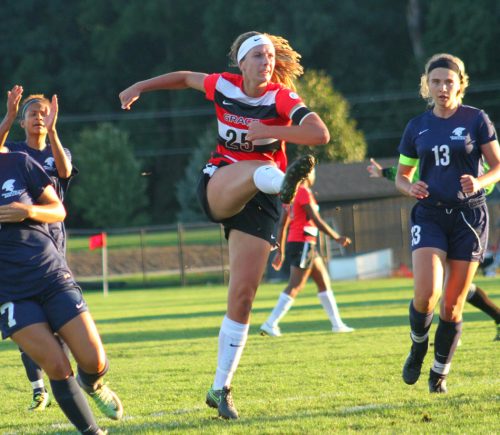 Grace College's Meredith Hollar scored the match's lone goal to beat Missouri Baptist 1-0 Saturday night. (Photo provided by the Grace College Sports Information Department)