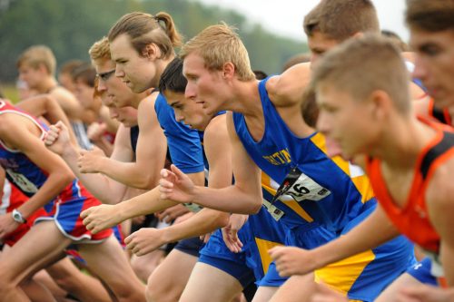 Bailey Watkins and his Triton teammates take their first strides at the Tippecanoe Valley Cross Country Invitational.