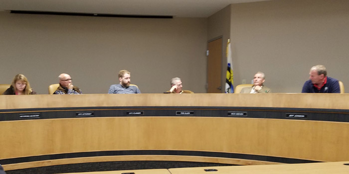 Pictured from left are Kim Arnold, Recording Secretary; Mike Valentine, City Attorney, Justin Taylor Assistant City Planner; Tom Allen, Rick Keeven, Jeff Johnson.
