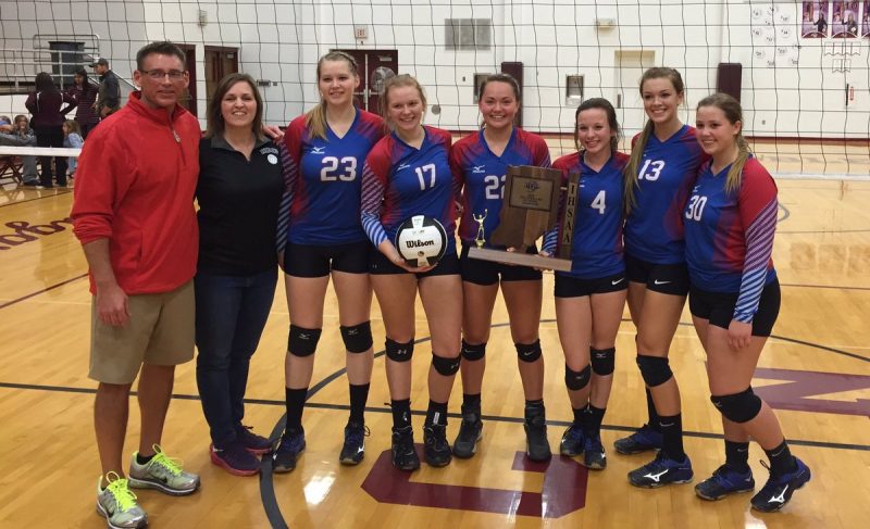 The senior members of the Whitko volleyball team pose with the sectional trophy Saturday night at Central Noble. The Class of 2017 (from left) with coach Mike Howard and assistant coach Tricia Howard are ... 