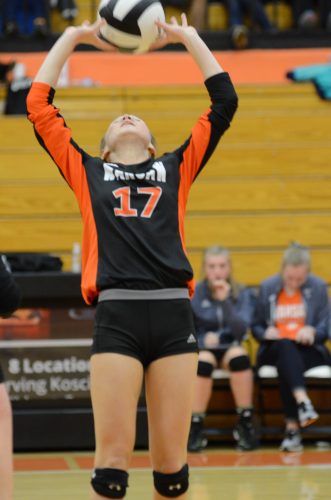 Sophomore Addie Dickerhoff sets the ball for the Tigers.