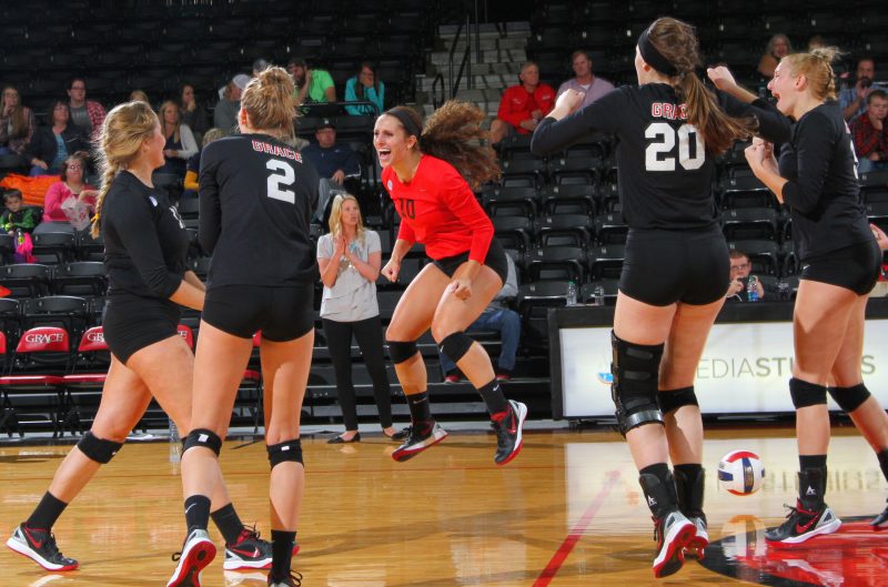 Grace College sophomore and former Tippecanoe Valley standout Caylie Teel (No. 10) celebrates during her team's  3-1 win over Spring Arbor Friday night (Photo provided by the Grace College Sports Information Department).