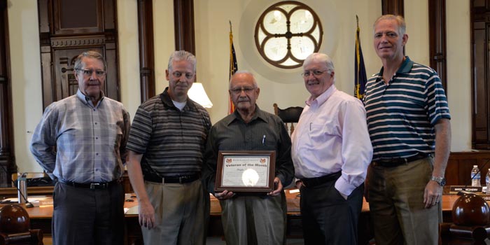 Left to right: commissioner Ron Truex, Rich Maron, Korean War Veteran Doyle Munson, commissioner Bob Conley, commissioner Brad Jackson