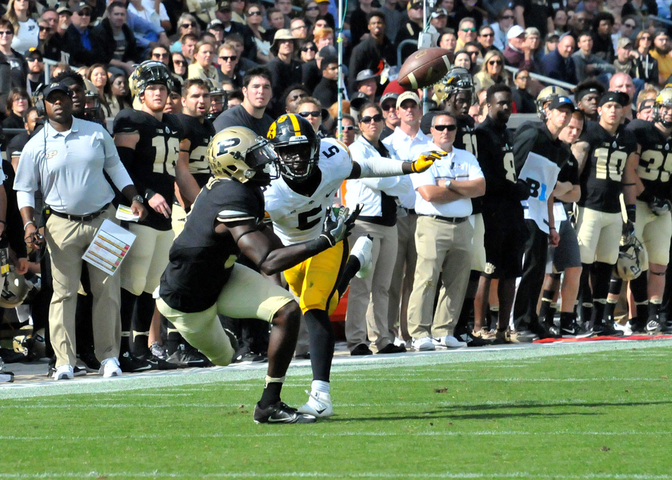 Purdue's Bilal Marshall pulls in a long pass during Iowa's 49-35 win at Purdue Saturday afternoon. (Photos by Dave Deak)