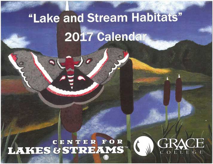 The 2017 “Lake and Stream Habitats” Calendar. Delaney Keirn’s piece, “A Moth’s View,” is pictured on the cover. Keirn won fifth place in the eleventh grade category. 