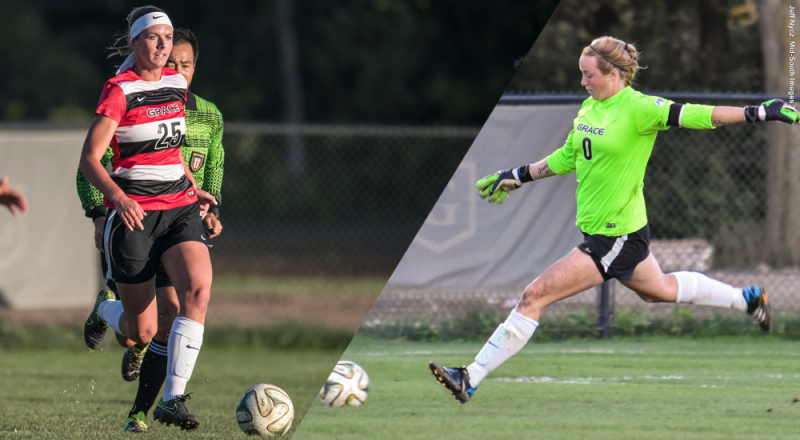 Grace College soccer standouts Meredith Hollar (left) and Abby Schue) have been honored for their play in the last week. The duo are former stars at WCHS (Photo provided by the Grace College Sports Information Department)