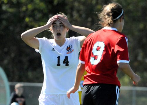 Warsaw's Sydney Wiedeman can't believe the outcome of a missed opportunity in the first half.