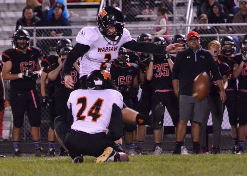 Andrew Mevis nails a field goal against NorthWood earlier this year. Mevis has been selected to participate in the Under Armour All-American Bowl this January. (Photo by Nick Goralczyk)