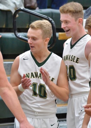 Cayden Wegener (10) shows a sign of relief after hitting a buzzer-beating three to end the third quarter.