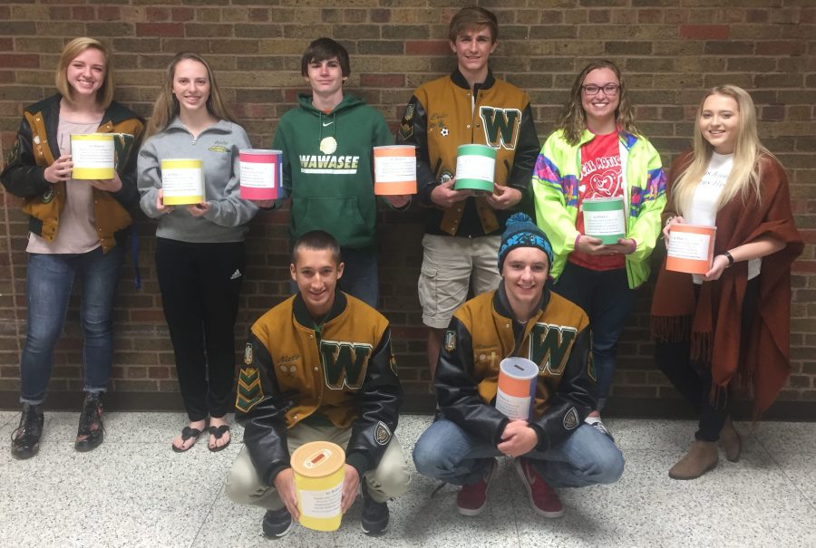In front, from left, are Nathan Perek and Mason Gray. In the back row are Elizabeth Hardy, Autumn Yoder, Samuel Griner, Eric Yankosky, Lauren Bogart and Madalyn Tucco. Not pictured are Ashley Beer, Madison Wilson and Cole Prins. These Wawasee High School students are involved in a fundraiser to aid Boomerang Backpacks.