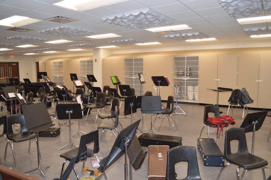 Shown is the remodeled band room at Wawasee High School. The “pit” was removed and the floor was leveled.