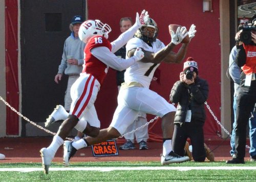 DeAngelo Yancey hauls in a touchdown for the Boilers during Saturday's 26-24 loss. (Photos by Nick Goralczyk)