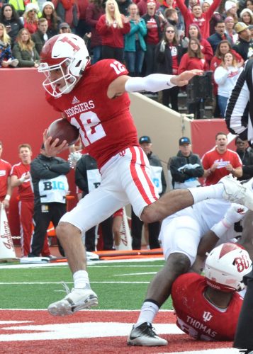 IU junior Zander Diamont leaps in for a score during Saturday's game. Diamont announced after the contest that he will end his football career following Indiana's bowl game.