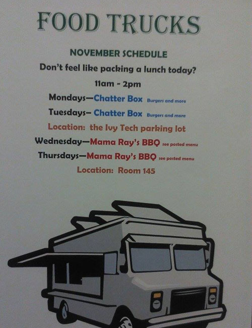 This week's food truck schedule at Ivy Tech