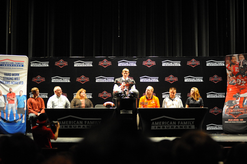 Warsaw Community High School senior Andrew Mevis was presented his Under Armour All-American football jersey to signify Mevis' selection to play in the game on Jan. 1 in Orlando. The ceremony was held Thursday morning at the WCHS Performing Arts Center. (Photos by Mike Deak)