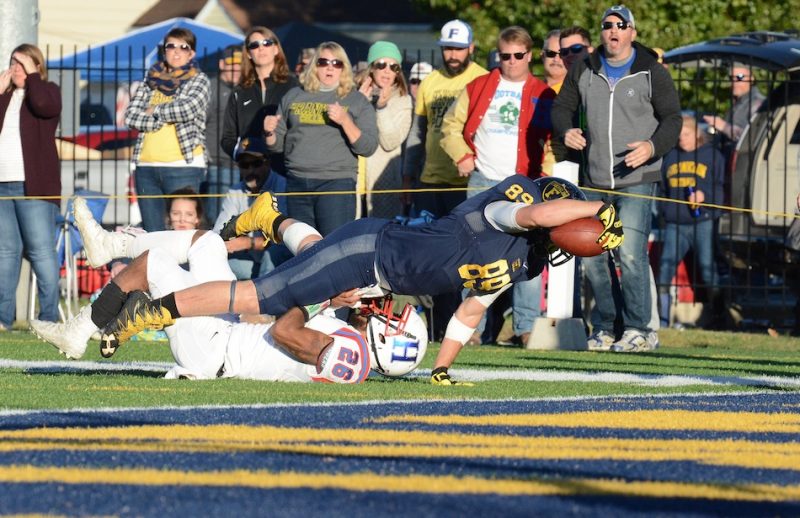 Whitko graduate and Franklin College tight end Alex Smith makes a diving stretch for the end zone in a game against Hanover on November 12. (Photo provided)