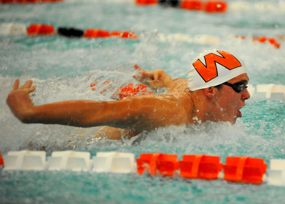 Warsaw's Evan Borchers competes in the medley relay Thursday night against Northridge. (Photos by Mike Deak)
