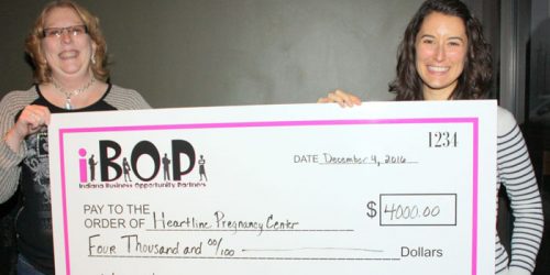 Sunday's check presentation to Heartline Pregnancy Center. Pictured is Betty Swanson (iBOP president) on the left and Shelbi Gillette (client services manager) on the right