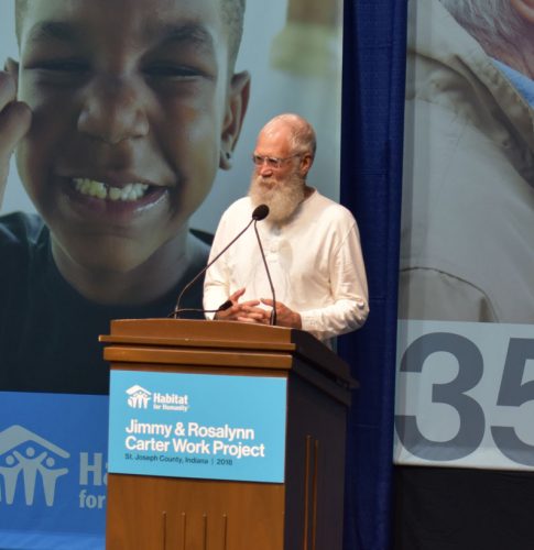 David Letterman made a surprise appearance at the opening ceremony for the 35th Jimmy and Rosalynn Carter Work Project. A fellow Habitat volunteer, Letterman joked that he can use a hammer now.