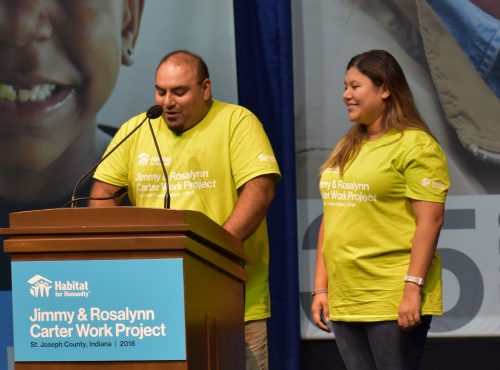 Future homeowners Benito and Jhunixa Salazar shared their Habitat experience. They, along with other families benefiting from the 2018 Carter Work Project, have already been putting sweat equity into their homes by working alongside volunteers.