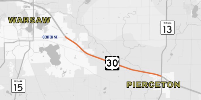 Alternating Lane Closures Planned For US 30 Between Warsaw, Pierceton